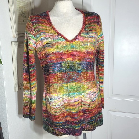 Bobbie Brooks Rainbow Colors Knit Sweater V Neck  Pockets Colorful Large - Picture 1 of 9
